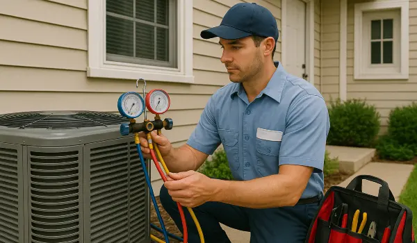 an hvac technician in uniform using the manifold gauge to test an ac unit from Cristal Air Conditioning Repair in West Lake Hills, TX - 24 Hour Air Conditioning Repair