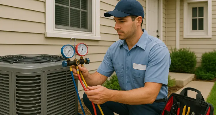 an hvac technician in uniform using the manifold gauge to test an ac unit from Cristal Air Conditioning Repair in West Lake Hills, TX - 24 Hour Air Conditioning Repair
