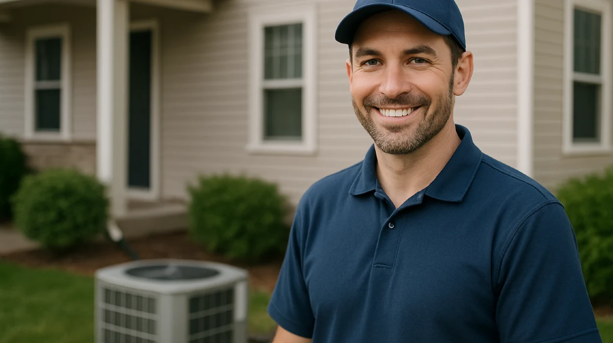 an hvac technician on the front porch smiling at the camera and an AC unit next to him from Cristal Air Conditioning Repair in West Lake Hills, TX - AC Company