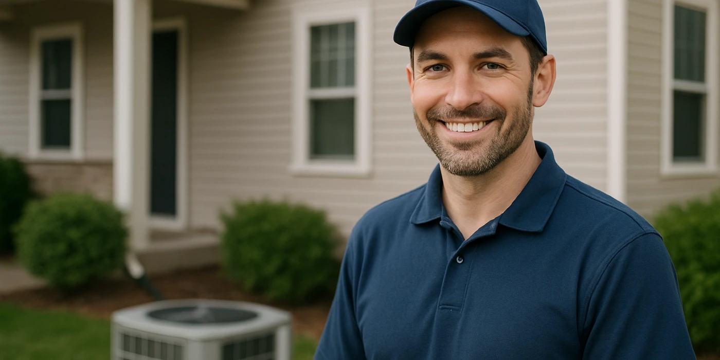 an hvac technician on the front porch smiling at the camera and an AC unit next to him from Cristal Air Conditioning Repair in West Lake Hills, TX - AC Company