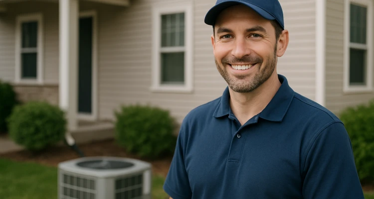 an hvac technician on the front porch smiling at the camera and an AC unit next to him from Cristal Air Conditioning Repair in West Lake Hills, TX - AC Company