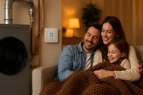 a family cuddling on the couch next to the house furnace from Cristal Air Conditioning Repair in West Lake Hills, TX - AC Company