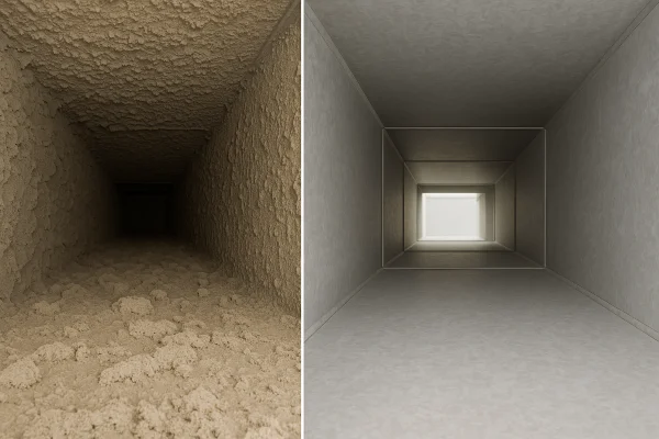 a dirty AC duct on the inside next to a clean AC duct on the inside from Cristal Air Conditioning Repair in West Lake Hills, TX - AC Company