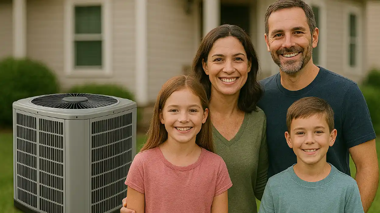 a family outside the house smiling at the camera with a new AC unit next to them from Cristal Air Conditioning Repair in West Lake Hills, TX - Air Conditioner Installation