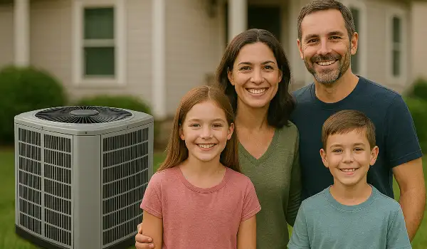 a family outside the house smiling at the camera with a new AC unit next to them from Cristal Air Conditioning Repair in West Lake Hills, TX - Air Conditioner Installation