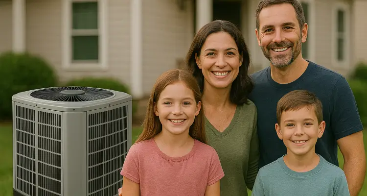 a family outside the house smiling at the camera with a new AC unit next to them from Cristal Air Conditioning Repair in West Lake Hills, TX - Air Conditioner Installation