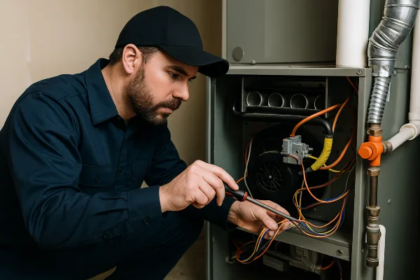 a male hvac technician checking a furnace wiring from Cristal Air Conditioning Repair in West Lake Hills, TX - Air Conditioner Installation a male hvac technician checking a furnace wiring from Cristal Air Conditioning Repair in West Lake Hills, TX - Air Conditioner Installation
