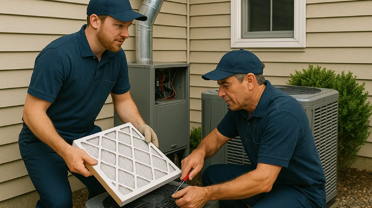 2 hvac technicians replacing a filter of an outside ac unit from Cristal Air Conditioning Repair in West Lake Hills, TX - air conditioning Emergency repairs