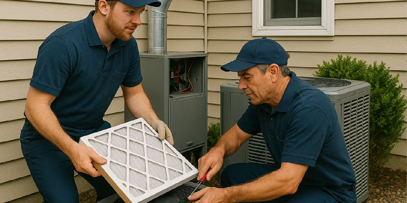2 hvac technicians replacing a filter of an outside ac unit from Cristal Air Conditioning Repair in West Lake Hills, TX - air conditioning Emergency repairs
