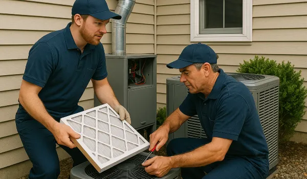 2 hvac technicians replacing a filter of an outside ac unit from Cristal Air Conditioning Repair in West Lake Hills, TX - air conditioning Emergency repairs