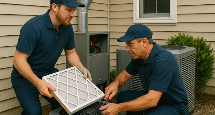 2 hvac technicians replacing a filter of an outside ac unit from Cristal Air Conditioning Repair in West Lake Hills, TX - air conditioning Emergency repairs