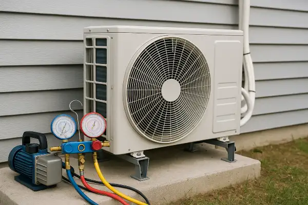 an ac unit outside with an ac manifold gauge next to it from Cristal Air Conditioning Repair in West Lake Hills, TX - air conditioning Emergency repairs