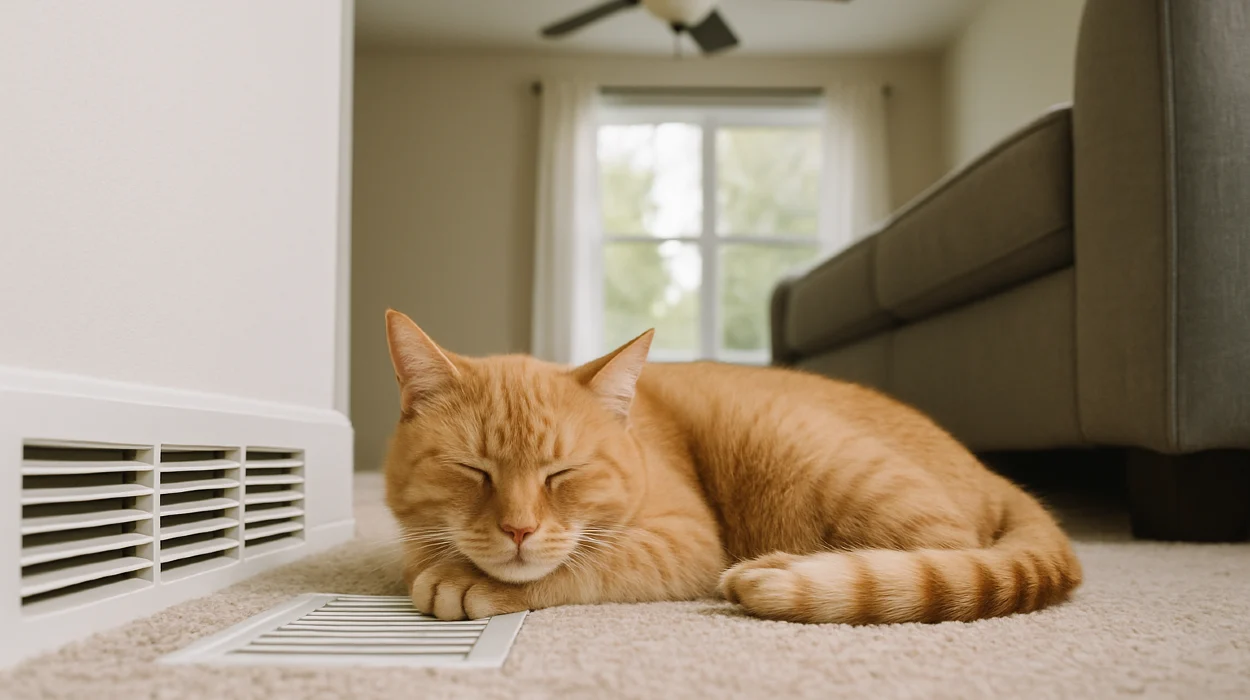 an orange cat laying on the carpet next to an AC vent from Cristal Air Conditioning Repair in West Lake Hills, TX - Air Conditioning Maintenance