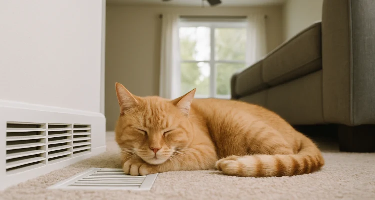an orange cat laying on the carpet next to an AC vent from Cristal Air Conditioning Repair in West Lake Hills, TX - Air Conditioning Maintenance