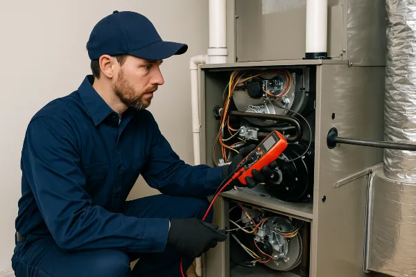 a male hvac technician using a current meter on a furnace unit from Cristal Air Conditioning Repair in West Lake Hills, TX - Air Conditioning Maintenance