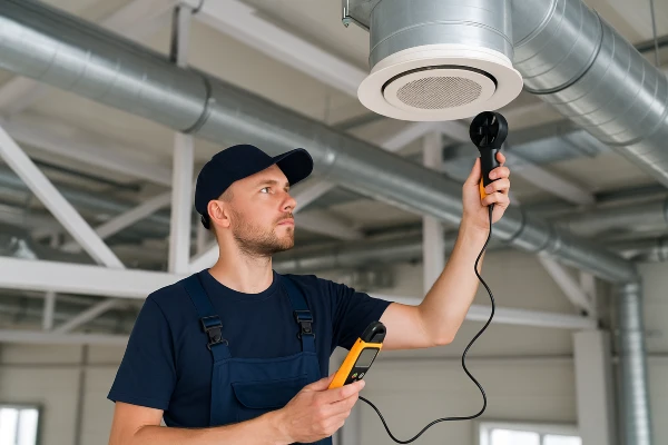 a male hvac technician measuring the temperature with a device from Cristal Air Conditioning Repair in West Lake Hills, TX - Air Conditioning Service