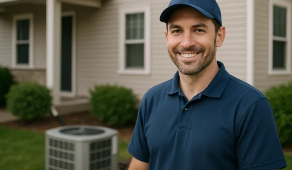 an hvac technician on the front porch smiling at the camera and an AC unit next to him from Cristal Air Conditioning Repair in West Lake Hills, TX - Air Conditioning Unit Replacement