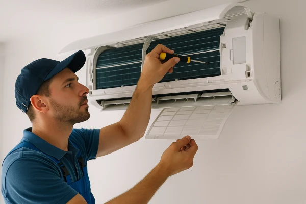 an hvac technician checking a mini split ac from Cristal Air Conditioning Repair in West Lake Hills, TX - Commercial Air Conditioning Company an hvac technician checking a mini split ac from Cristal Air Conditioning Repair in West Lake Hills, TX - Commercial Air Conditioning Company