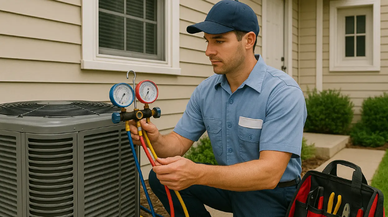 a hvac technician in uniform using the manifold gauge to test an ac unit from Cristal Air Conditioning Repair in West Lake Hills, TX - commercial air conditioning repair