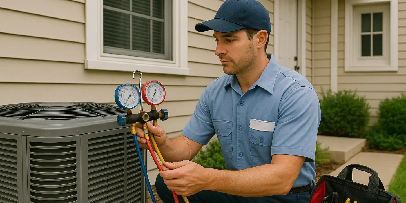 a hvac technician in uniform using the manifold gauge to test an ac unit from Cristal Air Conditioning Repair in West Lake Hills, TX - commercial air conditioning repair
