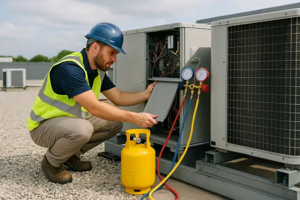 a hvac technician using a small freon tank to refill an ac unit from Cristal Air Conditioning Repair in West Lake Hills, TX - commercial air conditioning repair