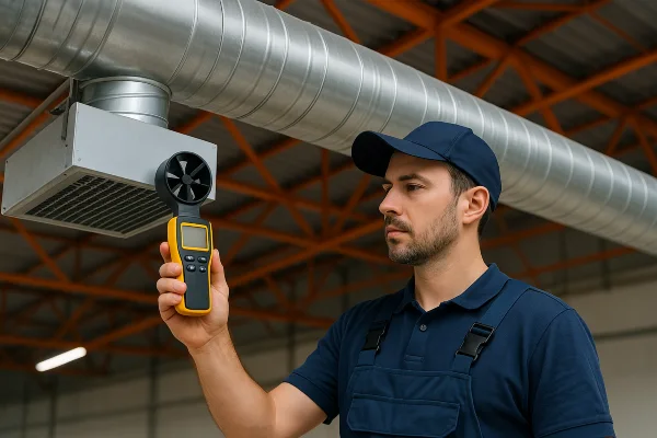 a hvac technician holding a wireless temperature meter to check a vent temperature from Cristal Air Conditioning Repair in West Lake Hills, TX - commercial air conditioning repair