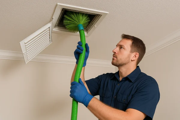 a hvac technician cleaning the ducts with a machine from Cristal Air Conditioning Repair in West Lake Hills, TX - commercial air conditioning repair