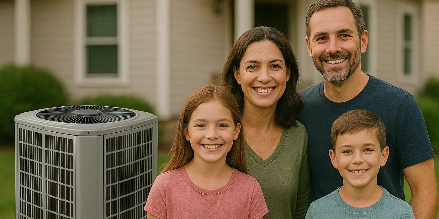 a family outside the house smiling at the camera with a new AC unit next to them from Cristal Air Conditioning Repair in West Lake Hills, TX - Common AC Problems a family outside the house smiling at the camera with a new AC unit next to them from Cristal Air Conditioning Repair in West Lake Hills, TX - Common AC Problems