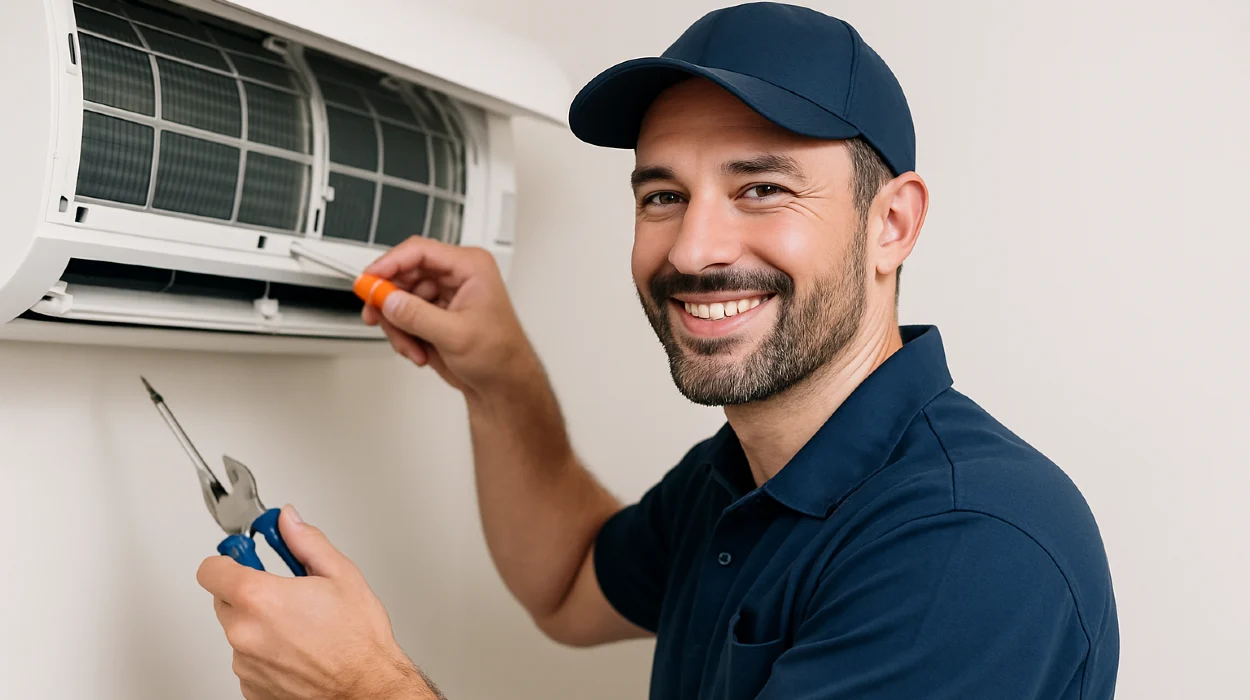 a male hvac techinican using a screwdriver to open a mini split unit and smiling at the camera from Cristal Air Conditioning Repair in West Lake Hills, TX - Duct Cleaning Services