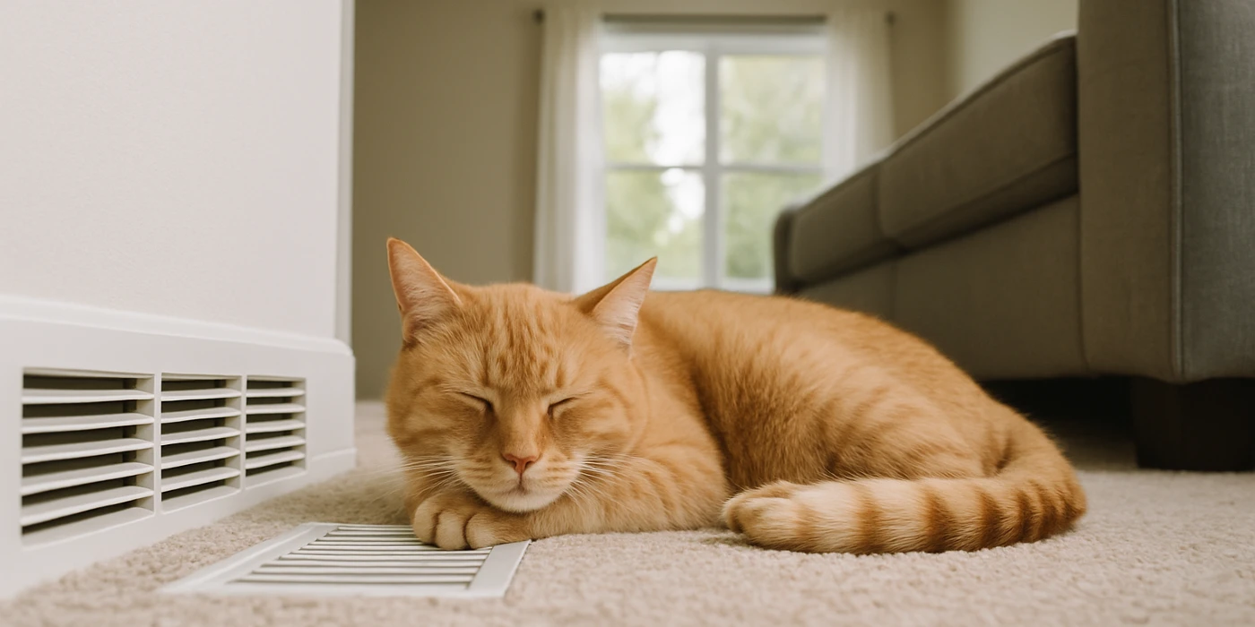 an orange cat laying on the carpet next to an AC vent from Cristal Air Conditioning Repair in West Lake Hills, TX - Emergency AC Repair