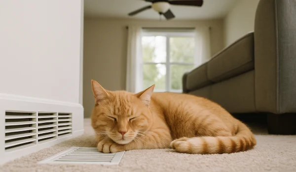an orange cat laying on the carpet next to an AC vent from Cristal Air Conditioning Repair in West Lake Hills, TX - Emergency AC Repair