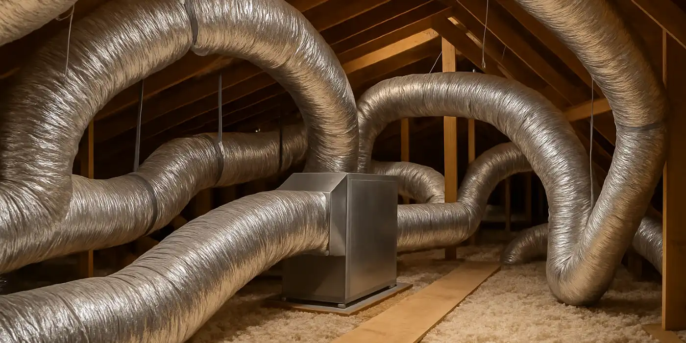 traditional AC ducts installed in the attic of a house from Cristal Air Conditioning Repair in West Lake Hills, TX - Heating Contractors