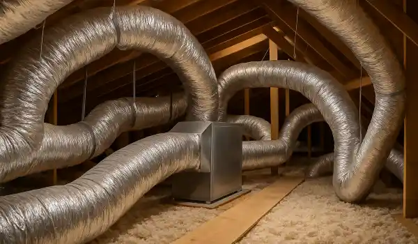traditional AC ducts installed in the attic of a house from Cristal Air Conditioning Repair in West Lake Hills, TX - Heating Contractors