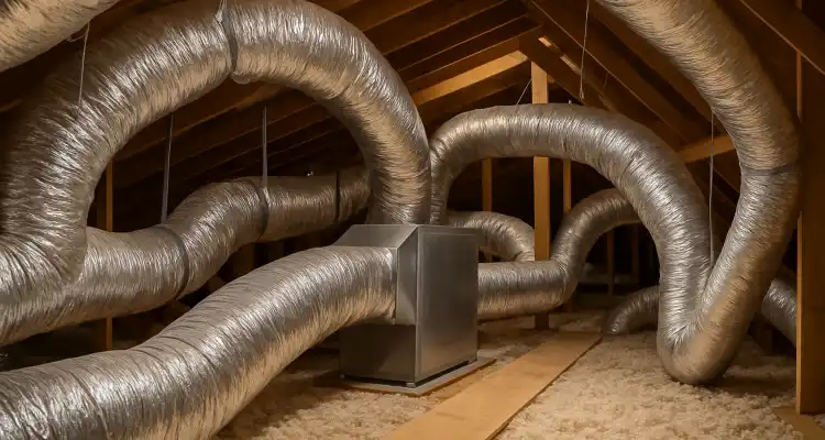 traditional AC ducts installed in the attic of a house from Cristal Air Conditioning Repair in West Lake Hills, TX - Heating Contractors