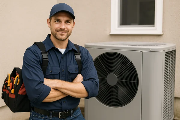 a male hvac technician with a tool bag smiling at the camera from Cristal Air Conditioning Repair in West Lake Hills, TX - HVAC Duct Cleaning