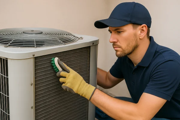 a male hvac technician cleaning the coils of an old AC unit from Cristal Air Conditioning Repair in West Lake Hills, TX - HVAC Maintenance a male hvac technician cleaning the coils of an old AC unit from Cristal Air Conditioning Repair in West Lake Hills, TX - HVAC Maintenance