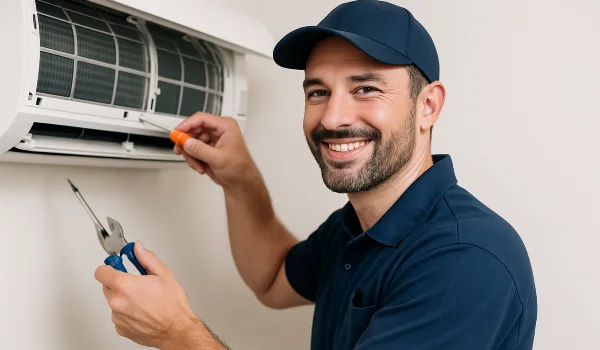 a male hvac techinican using a screwdriver to open a mini split unit and smiling at the camera from Cristal Air Conditioning Repair in West Lake Hills, TX - HVAC Replacement