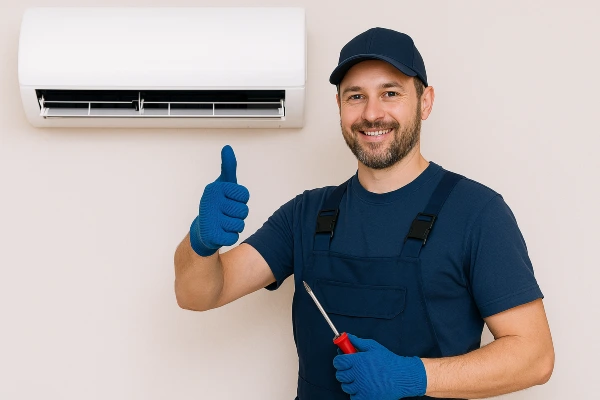 a male hvac technician smiling and giving a thumbs-up at the camera from Cristal Air Conditioning Repair in West Lake Hills, TX - HVAC Replacement