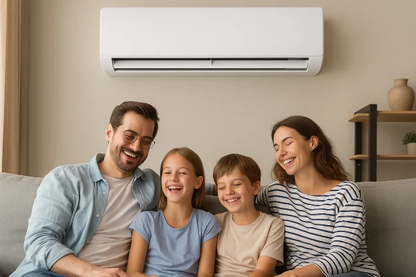 a family on a couch enjoying the cool air coming from a mini split AC unit from Cristal Air Conditioning Repair in West Lake Hills, TX - HVAC Replacement
