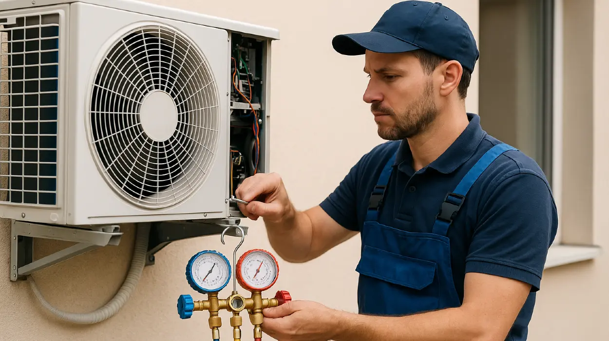 a male hvac technician checking an ac unit from Cristal Air Conditioning Repair in West Lake Hills, TX - Hvac Technician Near Me