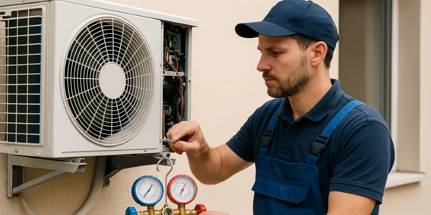 a male hvac technician checking an ac unit from Cristal Air Conditioning Repair in West Lake Hills, TX - Hvac Technician Near Me