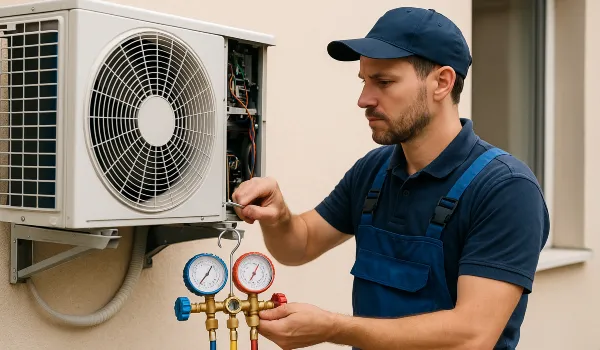 a male hvac technician checking an ac unit from Cristal Air Conditioning Repair in West Lake Hills, TX - Hvac Technician Near Me