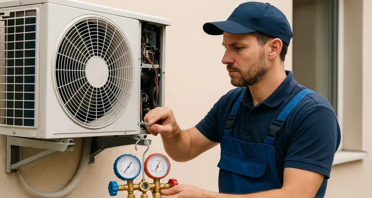 a male hvac technician checking an ac unit from Cristal Air Conditioning Repair in West Lake Hills, TX - Hvac Technician Near Me