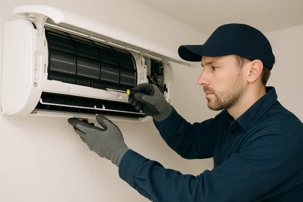 a male hvac technician fixing a mini split ac from Cristal Air Conditioning Repair in West Lake Hills, TX - Hvac Technician Near Me