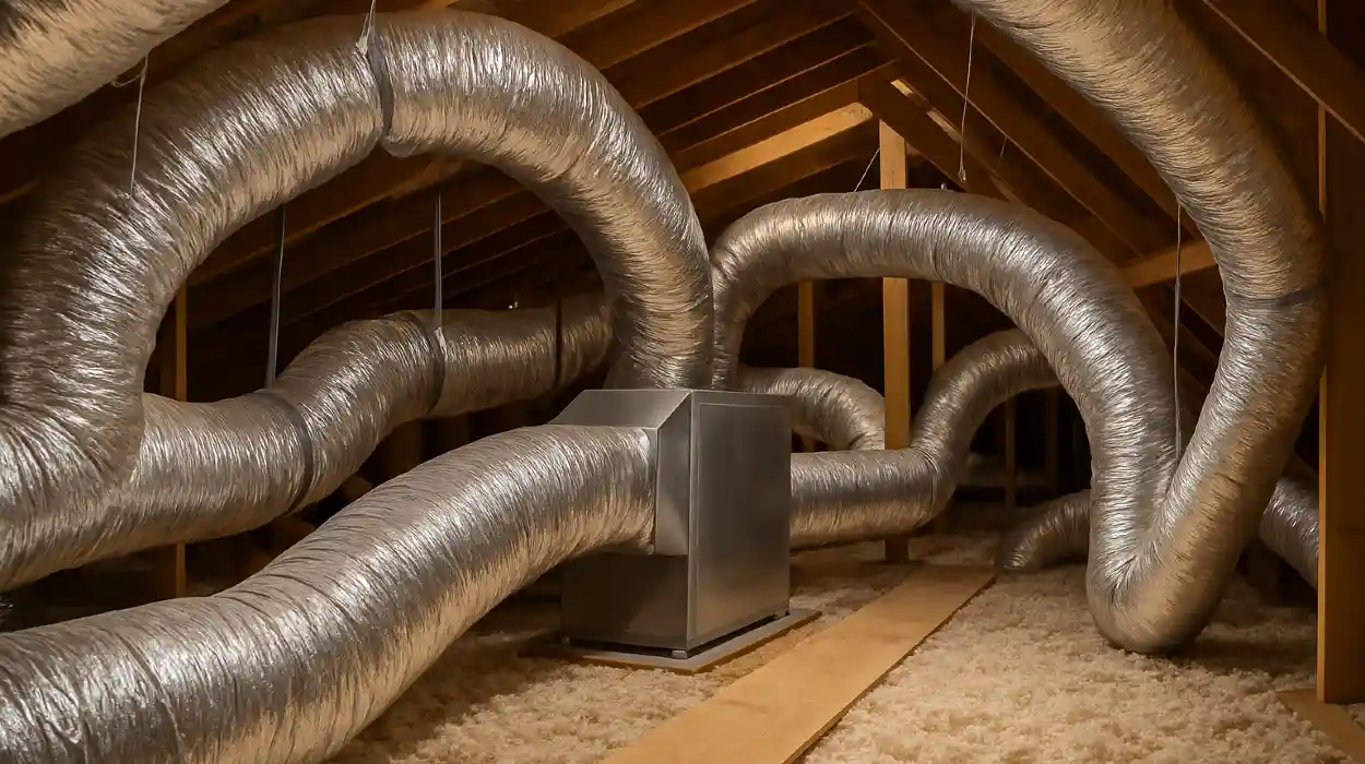 traditional AC ducts installed in the attic of a house from Cristal Air Conditioning Repair in West Lake Hills, TX - Mini Split AC Installation