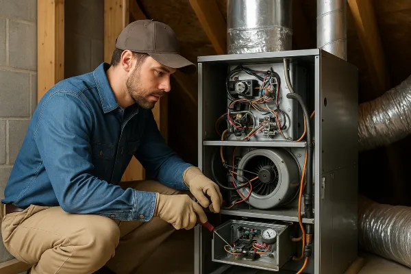 an hvac technician with a screwdriver checking the wiring of a furnace from Cristal Air Conditioning Repair in West Lake Hills, TX - Mini Split AC Installation