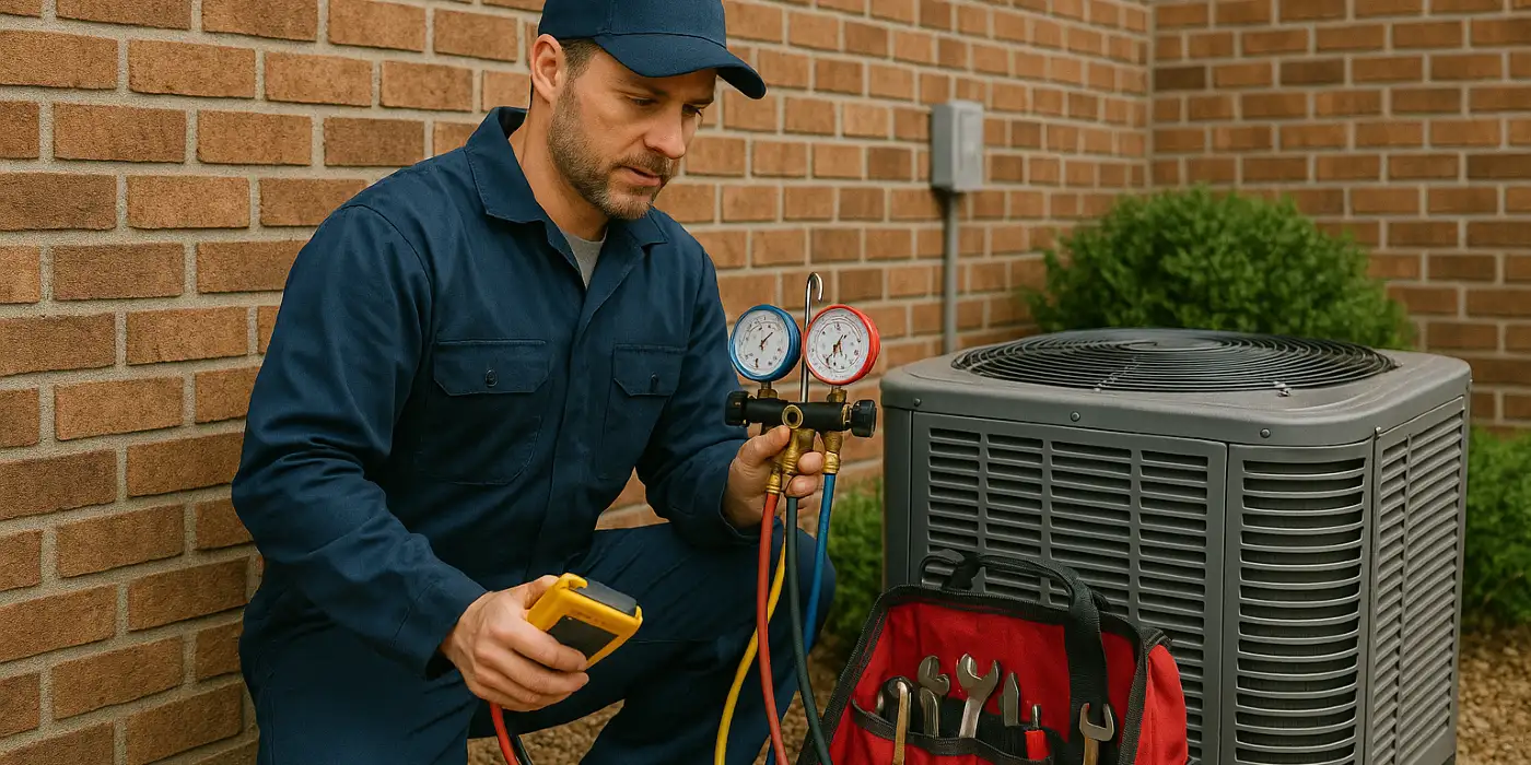 an hvac technician with his tools checking an outside ac unite from Cristal Air Conditioning Repair in West Lake Hills, TX - Residential Air Conditioning Company an hvac technician with his tools checking an outside ac unite from Cristal Air Conditioning Repair in West Lake Hills, TX - Residential Air Conditioning Company