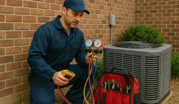 an hvac technician with his tools checking an outside ac unite from Cristal Air Conditioning Repair in West Lake Hills, TX - Residential Air Conditioning Company