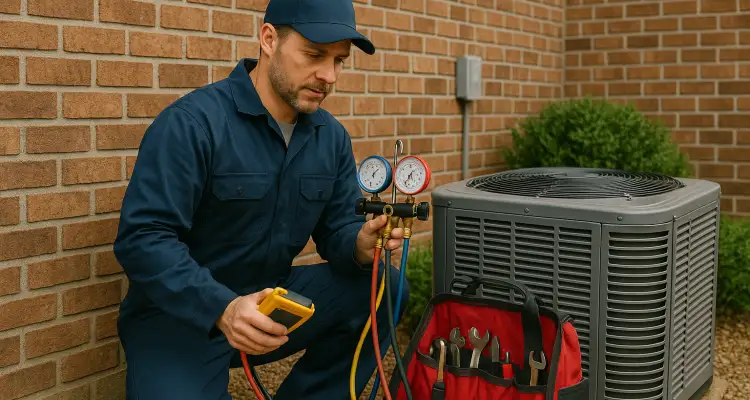 an hvac technician with his tools checking an outside ac unite from Cristal Air Conditioning Repair in West Lake Hills, TX - Residential Air Conditioning Company