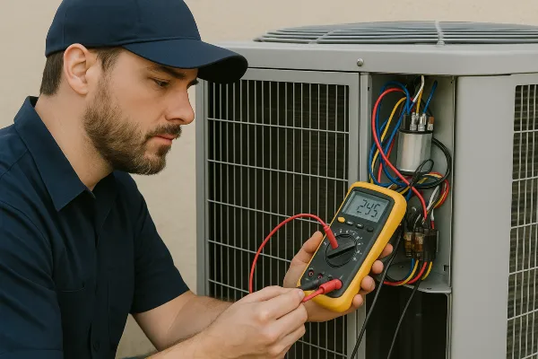 an hvac technician using a ac current meter from Cristal Air Conditioning Repair in West Lake Hills, TX - Residential Air Conditioning Company an hvac technician using a ac current meter from Cristal Air Conditioning Repair in West Lake Hills, TX - Residential Air Conditioning Company